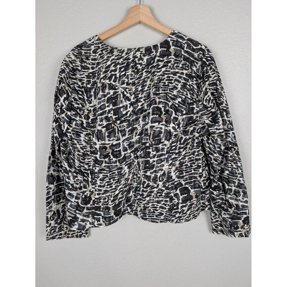 Chico's Jacket Blazer Sz L 2 Black White Tan Abstract Print Open Front Cotton - Picture 2 of 6